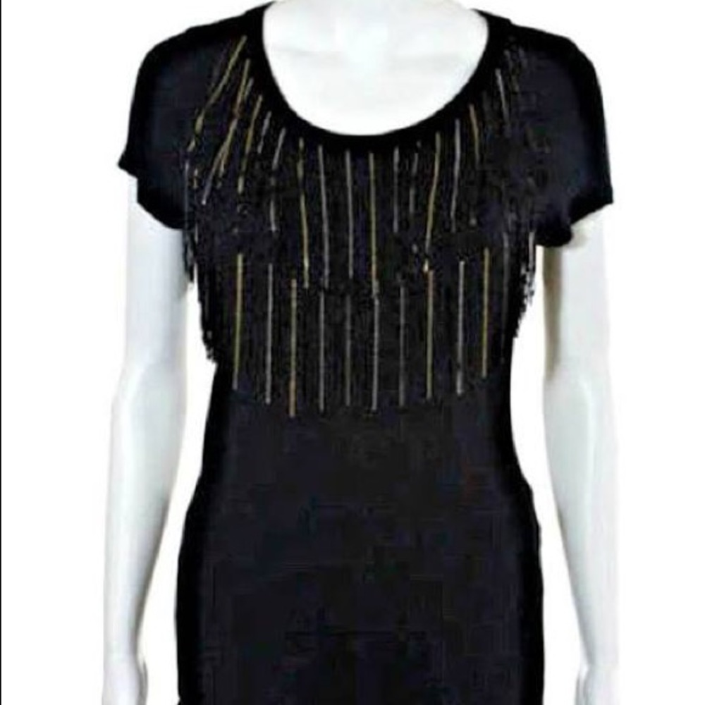 LaRok Chain Fringe Detail Black Jersey Tee Size S